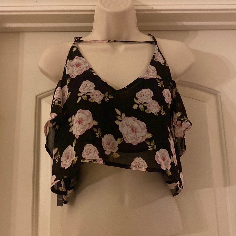 Forever 21 Floral Flower Rose Crop Cold Shoulder Top